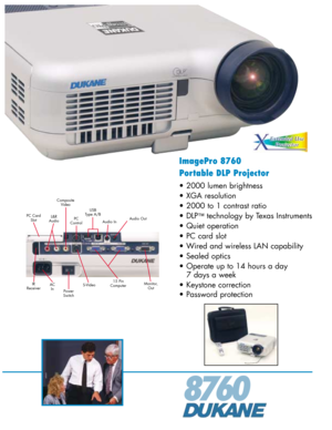 Page 1ImagePro 8760
Portable DLP Projector
• 2000 lumen brightness
• XGA resolution
• 2000 to 1 contrast ratio
• DLP
™technology by Texas Instruments
• Quiet operation
• PC card slot
• Wired and wireless LAN capability
• Sealed optics
• Operate up to 14 hours a day 
7 days a week
• Keystone correction
• Password protection
8760
Audio Out
IR
Receiver15 Pin
Computer AC
InMonitor,
Out S-Video
Power
Switch Composite
VideoPC Card
SlotUSB
Type A/B
Audio InPC
ControlL&R
Audio 