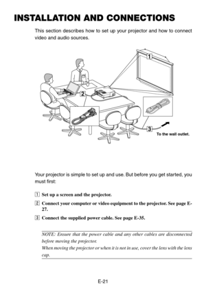 Page 21E-21
INSTALLATION AND CONNECTIONS
This section describes how to set up your projector and how to connect
video and audio sources.
3
1
2
Your projector is simple to set up and use. But before you get started, you
must first:
zSet up a screen and the projector.
xConnect your computer or video equipment to the projector. See page E-
27.
cConnect the supplied power cable. See page E-35.
NOTE: Ensure that the power cable and any other cables are disconnected
before moving the projector.
When moving the...