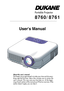 Page 1Portable Projector
8760/8761
About this users manual
The fastest way to get started is to take your time and do every-
thing right the first time. Take a few minutes now to review the
users manual. This may save you time later on. At the begin-
ning of each section of the manual youll find an overview. If the
section doesnt apply, you can skip it.
User s  M anual 