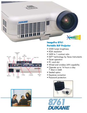 Page 1ImagePro 8761
Portable DLP Projector
• 2500 lumen brightness
• XGA resolution
• 1600 to 1 contrast ratio
• DLP
™technology by Texas Instruments
• Quiet operation
• PC card slot
• Wired and wireless LAN capability
• Operate up to 14 hours a day 
7 days a week
• Sealed optics
• Keystone correction
• Password protection
8761
Audio Out
IR
Receiver15 Pin
Computer AC
InMonitor,
Out S-Video
Power
Switch Composite
VideoPC Card
SlotUSB
Type A/B
Audio InPC
ControlL&R
Audio 