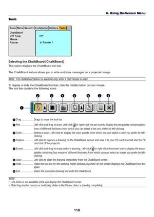 Page 117
110
Tools
Selecting the ChalkBoard [ChalkBoard]
This option displays the ChalkBoard tool bar.
The ChalkBoard feature allows you to write and draw messages on a projected image.
NOTE: The ChalkBoard feature is available only when a USB mouse is used.\
To  display or hide the ChalkBoard tool bar, click the middle button on your mouse.
The tool bar contains the following icons.
  Drag ................. Drags to move the tool bar.
  Pen ................... Left-click and drag to draw. Left-click 
 or...