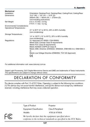 Page 134
127
8. Appendix
Mechanical
Installation Orientation: Desktop/Front, Desktop/Rear, Ceiling/Front, Ceiling/Rear
Dimensions 10.2 (W)   3.6 (H)   10.8 (D)
260mm (W)   92mm (H)   275mm (D)
(not including protrusions)
Net WeightLT265: 6.5 lbs / 2.9 kg LT245: 7.1 lbs / 3.2 kg
Environmental Considerations
Operational Temperatures  : 41° to 95 °F (5 ° to 35 °C), 20% to 80% humidity
(non-condensing)
Storage Temperatures  : 14° to 122 °F (-10 ° to 50 °C), 20% to 80% humidity
(non-condensing)
Regulations UL...
