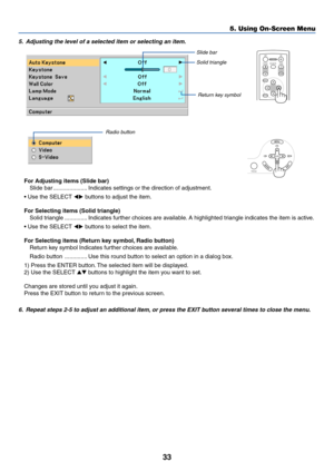 Page 41
33
5. Using On-Screen Menu
ENTEREXIT
MENU
UP
PAGE
OFF
POWER ON
PIC-MUTE
DOWN
FOCUS
6. Repeat steps 2-5 to adjust an additional item, or press the EXIT button several times to close the menu.
Slide bar Solid triangle
Return key symbol
Radio button
For Adjusting items (Slide bar) Slide bar ..................... Indicates settings or the direction of adjustment.
• Use the SELECT   buttons to adjust the item.
For Selecting items (Solid triangle) Solid triangle .............. Indicates further choices are...