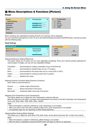 Page 45
37
5. Using On-Screen Menu

 Menu Descriptions & Functions [Picture]
Preset
Detail Settings
Selecting Reference Setting [Reference]
This option allows you to select one of 5 user adjustable presettings. There are 5 factory presets optimized for
various types of images, you can set user adjustable settings.
Presentation .......... Recommended for making a presentation using a PowerPoint file.
Video ..................... Recommended for standard video such as a TV program.
Movie .......................