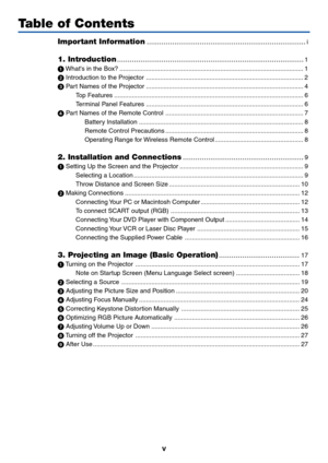 Page 7
v
Table of Contents
Important Information ........................................................................\
...i
1. Introduction........................................................................\
................1
  Whats in the Box? ........................................................................\
................................ 1
  Introduction to the Projector ........................................................................\
................. 2
  Part Names of the...