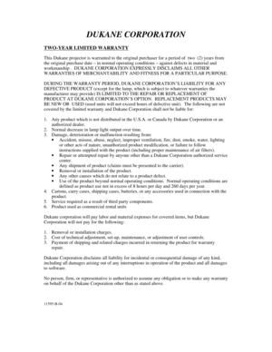 Page 37DUKANE CORPORATIONTWO-YEAR LIMITED WARRANTYThis Dukane projector is warranted to the original purchaser for a period of  two  (2) years fromthe original purchase date – in normal operating conditions – against defects in material andworkmanship .  DUKANE CORPORATION EXPRESSLY DISCLAIMS ALL OTHERWARRANTIES OF MERCHANTABILITY AND FITNESS FOR A PARTICULAR PURPOSE.DURING THE WARRANTY PERIOD, DUKANE CORPORATION’S LIABILITY FOR ANYDEFECTIVE PRODUCT (except for the lamp, which is subject to whatever warranties...