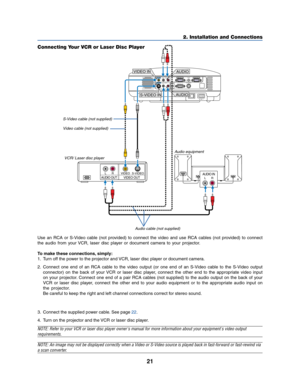 Page 2921
2. Installation and Connections
AUDIO INLRAUDIO OUTLRVIDEO OUTS-VIDEO VIDEO
AC IN
AUDIO OUTMONITOR  OUTPC CONTROLAUDIOS-VIDEO INCOMPUTER 2 IN
VIDEO INCOMPUTER 1 IN
AUDIOL/MONOR
AUDIOL/MONOR
S-VIDEO IN
VIDEO IN
AUDIO
AUDIO
Connecting Your VCR or Laser Disc Player
S-Video cable (not supplied)
Video cable (not supplied)
VCR/ Laser disc player
Audio equipment
Audio cable (not supplied)
Use an RCA or S-Video cable (not provided) to connect the video and use RCA cables (not provided) to connect
the audio...