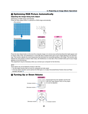 Page 3931
3. Projecting an Image (Basic Operation)
 Optimizing RGB Picture Automatically
Adjusting the Image Using Auto Adjust
Optimizing an RGB image automatically.
Press the Auto Adjust button to optimize an RGB image automatically.
[Poor picture]
[Normal picture]
VIDEO
AUTO
ADJ.
S-VIDEO COMPUTER-1 COMPUTER-2
VOLUMES-VIDEOVIDEO L-CLICK
MOUSER-CLICK
AUTO ADJ. COMPUTER
ASPECT HELP
FREEZE PICTURE
1
2
Press the Auto Adjust button to fine-tune the computer image or to remove any vertical banding that might appear...