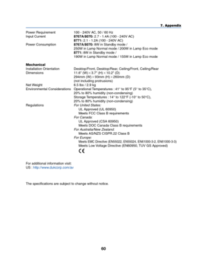 Page 6860
7. Appendix
Power Requirement 100 - 240V AC, 50 / 60 Hz
Input Current8767A/8070: 2.7 - 1.4A (100 - 240V AC)
8771:2.1 - 1.2A (100 - 240V AC)
Power Consumption8767A/8070: 8W in Standby mode /
250W in Lamp Normal mode / 200W in Lamp Eco mode
8771:8W in Standby mode /
190W in Lamp Normal mode / 155W in Lamp Eco mode
Mechanical
Installation Orientation Desktop/Front, Desktop/Rear, Ceiling/Front, Ceiling/Rear
Dimensions 11.6" (W)3.7" (H)10.2" (D)
294mm (W)93mm (H)260mm (D)
(not including...