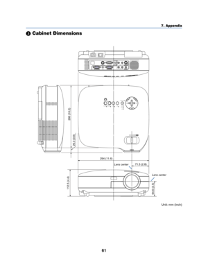 Page 6961
7. Appendix
 Cabinet Dimensions
LAMP
STATUS
POWER VIDEO
AUTO
ADJ.
S-VIDEO COMPUTER-1 COMPUTER-2
ON/STAND BY
ZOOMFOCUS
SELECT
AC IN
AUDIO OUT AUDIO
S-VIDEO INCOMPUTER 2 IN
VIDEO INCOMPUTER 1 IN
MONITOR  OUTPC CONTROLL/MONOR
AUDIOL/MONOR
AUDIO
112.5 (4.4)
260 (10.2)
20.3 (0.8)
64.6 (2.5)
294 (11.6)
71.5 (2.8)
Lens center
Lens center
Unit: mm (inch) 