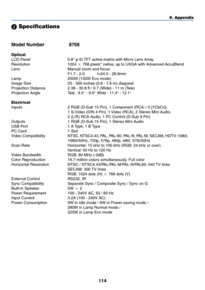 Page 114114
9. Appendix
 Specifications
Model Number  8768
Optical
LCD Panel 0.8 p-Si TFT active-matrix with Micro Lens Array
Resolution 1024   768 pixels* native, up to UXGA with Advanced AccuBlend
Lens Manual zoom and focus: F1.7 - 2.0 f=24.0 - 28.8mm
Lamp 200W (152W Eco mode)
Image Size 25 - 300 inches (0.6 - 7.6 m) diagonal
Projection Distance 2.38 - 35.8 ft / 0.7 (Wide) - 11 m (Tele)
Projection Angle Tele : 9.5 ° - 9.9 °Wide : 11.4 ° - 12.1 °
Electrical
Inputs 2 RGB (D-Sub 15 Pin), 1 Component (RCA 3...