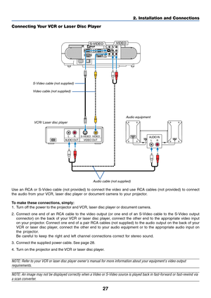 Page 2727
2. Installation and Connections
AC IN
COMPONENT
YCb/Pb Cr/Pr
AUDIO
AUDIO AUDIO
AUDIOL/MONO
S-VIDEO COMPUTER 1 AUDIO PC CARDUSB(COMPUTER)USB(MOUSE)MONITOR OUT
COMPUTER 2 PC CONTROLRL/MONO VIDEO R
AUDIO INLRAUDIO OUTLRVIDEO OUTS-VIDEO VIDEO
S-VIDEOVIDEO
Connecting Your VCR or Laser Disc Player
S-Video cable (not supplied)
Video cable (not supplied)
VCR/ Laser disc player
Audio equipment
Audio cable (not supplied)
Use an RCA or S-Video cable (not provided) to connect the video and use RCA cables (not...