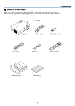 Page 99
1. Introduction
 Whats in the Box?
Make sure your box contains everything listed. If any pieces are missing, contact your dealer.
Please save the original box and packing materials if you ever need to ship your VT770 Projector.
ZOOM FO C
US 
3
D  
R E
FO RM
S
O URCESE
LE C T
STA T
U S
L
A M P
 
P C  C A
R D  P
O W E
RO N/
S TA
N D  
B Y
A
U T
O  
A D J
U STMENUENTERCANCEL
P
JSOURCE
FREEZE3D-R EF
O
RMASPECTPOINTERVO L
U M EMAGNIFY
PICTURE
O FF
V ID
EO P
O
W ER O
N
VIEWER
PIC-MUTESLIDEHELP
S ELEC...