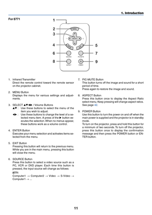 Page 19
11
1. Introduction
SOURCE PIC-MUTEPOWER
ASPECT
SELECT
3
6
4
2 1
8
7
5
9
For  8771
1. Infrared Transmitter
Direct the remote control toward the remote sensor
on the projector cabinet.
2. MENU Button Displays the menu for various settings and adjust-
ments.
3. SELECT   / Volume Buttons
  : Use these buttons to select the menu of the
item you wish to adjust.
  : Use these buttons to change the level of a se-
lected menu item. A press of the   button ex-
ecutes the selection. When no menus appear,...