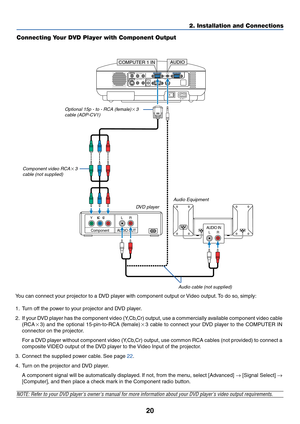 Page 28
20
AUDIO INLRAUDIO OUT
LR
Component
YCbCr
AC IN
AUDIO OUTMONITOR  OUTPC CONTROLAUDIOS-VIDEO IN
COMPUTER 2 IN
VIDEO IN COMPUTER 1 INAUDIOL/MONOR
AUDIOL/MONOR
COMPUTER 1 INAUDIO 
2. Installation and Connections
NOTE: Refer to your DVD players owners manual for more information abo\
ut your DVD players video output requirements.
Connecting Your DVD Player with Component Output
D
VD pla yer A
udio Equipment
Audio cab le (not supplied)
Optional 15p - to - RCA (f emale)3
cab le (ADP-CV1)
Component video...