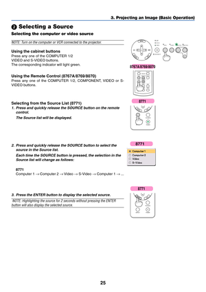 Page 33
25
3. Projecting an Image (Basic Operation)
 Selecting a Source
Selecting the computer or video source
VIDEO S-VIDEO COMPUTER-1 COMPUTER-2
LAMP
STATUS
POWER
AUTO
ADJ.ON/STAND BY
SELECT
VOLUMEL-CLICK
MOUSER-CLICK
AUTO ADJ.
ASPECT HELP
FREEZEPICTURE
S-VIDEOVIDEOCOMPUTER1
2
NOTE: T urn on the computer or VCR connected to the pr ojector.
Using the cabinet buttons
Press a ny one of the COMPUTER 1/2 
VIDEO and S-VIDEO buttons.
The corresponding indicator will light green.
Using the Remote Cont rol (...