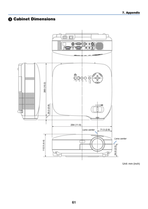 Page 69
61
7. Appendix
 Cabinet Dimensions
LAMP
STATUS
POWER VIDEO
AUTO
ADJ.
S-VIDEO COMPUTER-1 COMPUTER-2
ON/STAND BY
ZOOM FOCUS
SELECT
AC IN
AUDIO OUT
AUDIO
S-VIDEO IN COMPUTER 2 IN
VIDEO IN
COMPUTER 1 IN
MONITOR  OUT PC CONTROLL/MONOR
AUDIOL/MONOR
AUDIO
112.5 (4.4)
260 (10.2)
20.3 (0.8)
64.6 (2.5)
294 (11.6) 71.5 (2.8)
Lens center
Lens center
Unit: mm (inch) 