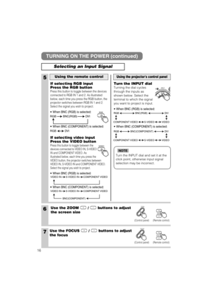 Page 246Use the ZOOM  /  buttons to adjust
the screen size
7Use the FOCUS  /  buttons to adjust
the focus
5
If selecting RGB input
Press the RGB button
Press this button to toggle between the devices
connected to RGB IN 1 and 2. As illustrated
below, each time you press the RGB button, the
projector switches between RGB IN 1 and 2.
Select the signal you wish to project.
If selecting video input
Press the VIDEO button
Press this button to toggle between the
devices connected to VIDEO IN, S-VIDEO
IN and COMPONENT...