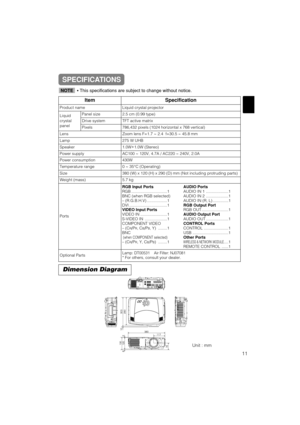 Page 51Dimension Diagram
Unit : mm



 
  

•This specifications are subject to change without notice.NOTE
SPECIFICATIONS
11
ItemSpecification
Product nameLiquid crystal projector
Liquid
crystal
panelPanel size2.5 cm (0.99 type)
Drive systemTFT active matrix
Pixels786,432 pixels (1024 horizontal x 768 vertical)
LensZoom lens F=1.7 ~ 2.4  f=30.5 ~ 45.8 mm
Lamp275 W UHB
Speaker1.0W+
1.0W (Stereo)
Power supplyAC100 ~ 120V, 4.7A / AC220 ~ 240V, 2.0A
Power consumption430W
Temperature range0 ~...