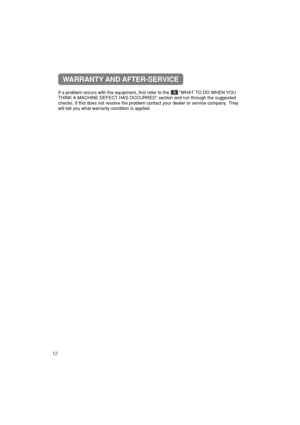 Page 5212
If a problem occurs with the equipment, first refer to the        “WHAT TO DO WHEN YOU
THINK A MACHINE DEFECT HAS OCCURRED” section and run through the suggested
checks. If this does not resolve the problem contact your dealer or service company. They
will tell you what warranty condition is applied.
WARRANTY AND AFTER-SERVICE
8 