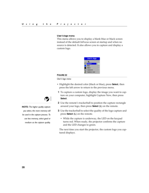 Page 3628
Using the Projector
User’s logo menu

!
#

	


(


(


	

	
	


	
		

#




		
	

#

	
	




	!



FIGURE 22
User’s logo menu
G
@	
	


I(

J

Select
	


	
	
#
	
	
	
	

!
1
	

	!


	
!

#	
	

	


!	
	
	
/#
	
...