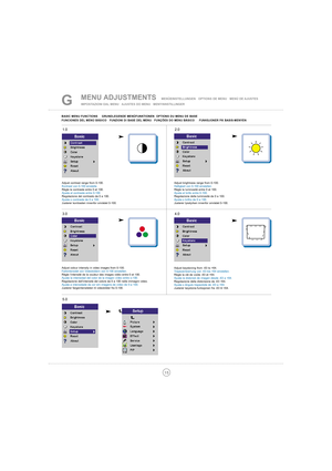 Page 1515
MENU ADJUSTMENTSMENÜEINSTELLUNGEN   OPTIONS DE MENU   MENÚ DE AJUSTES
IMPOSTAZIONI DAL MENU   AJUSTES DO MENU   MENYINNSTILLINGER
4.03.0
G
2.0
5.0
1.0
Adjust contrast range from 0-100.
Kontrast von 0-100 einstelle.
Règle le contraste entre 0 et 100.
Ajusta el contraste entre 0-100.
Regolazione del contrasto da 0 a 100.
Ajusta o contraste de 0 a 100.
Justerer kontrasten innenfor området 0-100.
Adjust keystoning from -63 to +64.
Trapezentzerrung von -63 bis +64 einstellen.
Règle la clé de voûte -63 et...