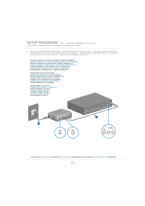 Page 77
SETUP PROCEDURE  SETUP PROCÉDUREDE DÉMARRAGEINSTALACIÓN   
PROCEDIMENTO DI IMPOSTAZIONE   PROCEDIMENTOS DE INSTALAÇÃO   OPPSETT
D
Connect the projector to the Video source with the C-Audio/Video Cable (D).
Anschließen des Projektors mit dem C-Video/Audio kabel (D) an die Videoquelle.
Brancher le projecteur à la source vidéo avec le câble C-Vid
éo/Audio (D).
Conectar el proyector a la fuente de video con el cablede C-Vídeo/Audios(D).
Collegare il proiettore a la fonte Video con il cavoC-Video/Audio(D)....