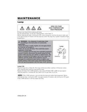 Page 26ENGLISH-16
MAINTENANCE MAINTENANCE
Lamp
HIGH VOLTAGE
HIGH TEMPERATURE
HIGH PRESSURE
Contact your dealer before replacing the lamp.
For the optional lamp, see the item “Optional Parts” of the Table 12.
Before replacing the lamp, switch power OFF, remove the power cord from the power outlet, and
wait approximately 45 minutes until the lamp has cooled. The lamp may explode if handled at high
temperatures.
Lamp Life
Projector lamps have a finite life. The image will become darker, and hues will become...