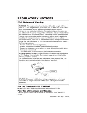 Page 45REGULATORY NOTICES - 1
REGULATORY NOTICES REGULATORY NOTICES
WARNING:This equipment has been tested and found to comply with the
limits for a Class B digital device, pursuant to Part 15 of the FCC Rules. These
limits are designed to provide reasonable protection against harmful
interference in a residential installation. This equipment generates, uses, and
can radiate radio frequency energy and, if not installed and used in accordance
with the instructions, may cause harmful interference to radio...