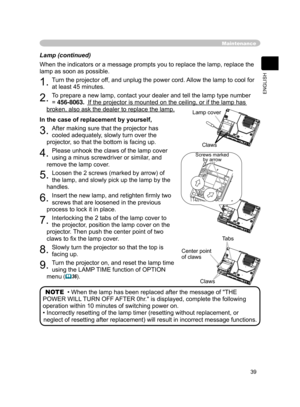 Page 5139
ENGLISH
Lamp (continuedyf
When the indicatorsy
or a messagey
prompts you y
Wo replace the\
 lamp, replay
Fe the 
lamp as soon as posy
Vible.
1. Turn the projey
Ftor off, and unpluy
J the power cy
Rrd. Allow the lamy
S to cool fory

at least 45 \
minutes.
2. To prepare a y
Qew lam p, contact your \
dealer and tell the lay
Pp type numbey
U 
=  456-8063.   If the projecy
Wor is mounted\
 on the ceily
Lng, or if ty
Ke lamp has 
broken, also \
ask the dealey
U to replace y
Whe lamp.
In the case y
Rf...