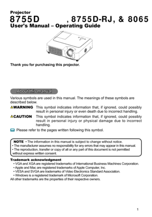 Page 3
1
Projector
CP-S24 /, 8755D-RJ, & 8065P-X250
User's Manual – Operating Guide
Thank you for purchasing this projector.
About this manual
Various symbols are used in this manual. The meanings of these symbols are 
described below. 
WARNING  This  symbol  indicates  information  that,  if  ignored,  could  possibly result in personal injury or even death due to incorrect handling.
CAUTION  This  symbol  indicates  information  that,  if  ignored,  could  possibly 
result  in  personal  injury  or...