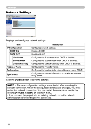 Page 68
66
Settings
Network Settings
Displays and conﬁgures network settings.
Click the [Apply] button to save the settings.
• The new conﬁguration settings are activated after restarting the 
network connection. When the conﬁguration settings are changed, you must 
restart the network connection. You can restart the network connection by 
clicking [Network Restart] on the main menu.
• If you connect the projector to an existing network, consult a network 
administrator before setting server addresses. NOTE...