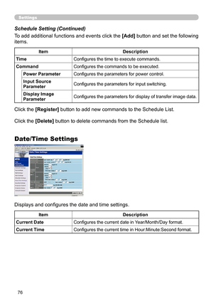 Page 78
76
Settings
To add additional functions and events click the [Add] button and set the following 
items.
ItemDescription
Time Conﬁgures the time to execute commands.
CommandConﬁgures the commands to be executed.
Power ParameterConﬁgures the parameters for power control.
Input Source ParameterConﬁgures the parameters for input switching.
Display Image ParameterConﬁgures the parameters for display of transfer image data.
Click the [Register] button to add new commands to the Schedule List.
Click the...