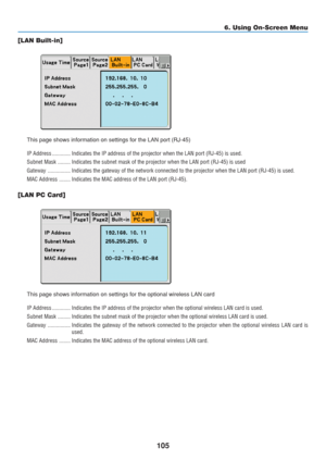 Page 115
105
6. Using On-Screen Menu
[LAN Built-in]
This page shows information on settings for the LAN port (RJ-45)
IP Address ............. Indicates the IP address of the projector when the LAN port (RJ-45) is\
 used.
Subnet Mask ......... Indicates the subnet mask of the projector when the LAN port (RJ-45) i\
s used
Gateway ................ Indicates the gateway of the network connected to the projector when the\
 LAN port (RJ-45) is used.
MAC Address ........ Indicates the MAC address of the LAN port...