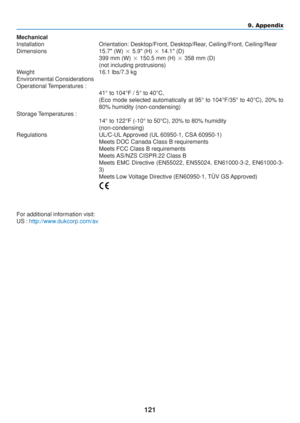 Page 131
121
9. Appendix
Mechanical
Installation Orientation: Desktop/Front, Desktop/Rear, Ceiling/Front, Ceiling/Rear
Dimensions 15.7 (W)   5.9 (H)   14.1 (D)
399 mm (W)   150.5 mm (H)   358 mm (D)
(not including protrusions)
Weight 16.1 lbs/7.3 kg
Environmental Considerations
Operational Temperatures : 41° to 104 °F / 5 ° to 40 °C,
(Eco mode selected automatically at 95 ° to 104 °F/35 ° to 40 °C), 20% to
80% humidity (non-condensing)
Storage Temperatures : 14° to 122 °F (-10 ° to 50 °C), 20% to 80%...