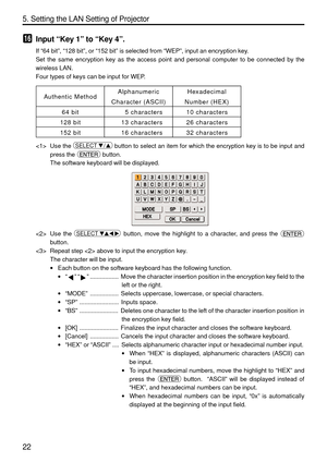 Page 164
22
5. Setting the LAN Setting of Projector
16Input “Key 1 ” to  “Key 4 ”.
If  “64 bit ”,  “128 bit ”, or  “152 bit ” is selected from  “WEP ”, input an encryption key.
Set the same encryption key as the access point and personal computer to\
 be connected by the
wireless LAN.
Four types of keys can be input for WEP.
Authentic Method
64 bit
128 bit
152 bitAlphanumeric 
Character (ASCII) 5 characters
13 characters
16 charactersHexadecimal 
Number (HEX) 10 characters
26 characters
32 characters
 Use the...