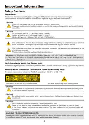 Page 3
i
Important Information
Safety Cautions
Precautions
Please read this manual carefully before using your 8806 projector and keep the manual handy for
future reference. Your serial number is located on the right side of your projector. Record it here:CAUTION To turn off main power, be sure to remove the plug from power outlet.
The power outlet socket should be installed as near to the equipment as \
possible, and should be easily
accessible.
CAUTION TO PREVENT SHOCK, DO NOT OPEN THE CABINET.
THERE ARE...