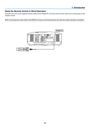 Page 21
11
1. Introduction
Using the Remote Control in Wired Operation
Connect one end of the supplied remote cable to the REMOTE mini jack and\
 the other end to the remote jack on the
remote control.
NOTE: Connecting the remote cable to the REMOTE mini jack on the termina\
l panel will make the wireless operation unavailable.
LASER3D REFORMAUTO ADJ.
ASPECT
HELP
PICTUREPIC-MUTELAMP MODER-CLICK
L-CLICK
MOUSE
FREEZE
VOLUME MAGNIFY PAGESELECTMENUENTEREXIT
OFF
VIDEO
S-VIDEO VIEWER
LAN
COMPUTERCOMPONENT
ONPOWER...