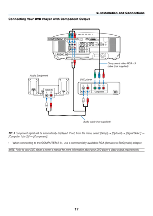 Page 27
17
AUDIO INLRAUDIO OUT
LR
Component
YCbCr
COMPONENT IN
AUDIO IN 
2. Installation and Connections
Connecting Your DVD Player with Component Output
DVD player
Audio Equipment
Audio cable (not supplied)
Component video RCA3
cable (not supplied)
TIP: A component signal will be automatically displayed. If not, from the me\
nu, select [Setup] →  [Options] → [Signal Select] →
[Computer 1 (or 2)] → [Component].
• When connecting to the COMPUTER 2 IN, use a commercially available RCA (female)-to-BNC(male)...