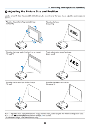 Page 37
27
3. Projecting an Image (Basic Operation)
Use the lens shift dials, the adjustable tilt foot levers, the zoom leve\
r or the focus ring to adjust the picture size and
position.
 Adjusting the Picture Size and Position
PC  CARDLAM PSTATU SPOWERO
N/S TA N D B YSO URCE
A
U TO  A D JU ST
3 D  R EFO RMSELECTPC  CARD
LAM P
STATU S
POW ERO
N/S TA N D B YSO URCE
A
U TO  A D JU ST
3 D  R EFO RM
PC  CAR DLAMPSTATU SPOW ERO
N
/S TA N
D B YSO U
RCE
A
U
TO  A D JU
ST
3 D  R EFO RMSE LECTPC  CAR D
LA MP
ST ATU S...