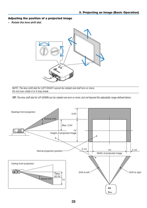 Page 38
28
3. Projecting an Image (Basic Operation)
Adjusting the position of a projected image
• Rotate the lens shift dial.
P C C AR DLA M PSTA TU SPO W E
RO N/S TA N D B YS
O URCE
A
U TO  A
D JU
ST
3 D  R
EFO
RMSELEC T
PC C AR D
L A M P
S TA TU S
P O W ERO N/S TA N D B YS
O URCE
A
U TO  A
D JU
ST
3 D  R
EFO
RM
LENS SHIFT
LEFT RIGHT
DOW N
UP
Desktop front projection
Ceiling front projection Vertical shift
Vertical shift
Max. 0.5V
Max. 
0.5V 1V 0.5V
0.1H 0.1H
1H
Width of projected image
Nomal projection...