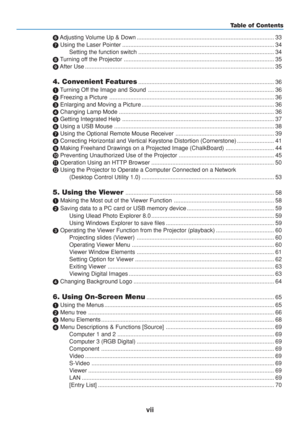 Page 9
vii
Table of Contents
  Adjusting Volume Up & Down ........................................................................\
............. 33
\b  Using the Laser Pointer ........................................................................\
...................... 34
Setting the function switch ........................................................................\
............ 34
	  Turning off the Projector ........................................................................\...