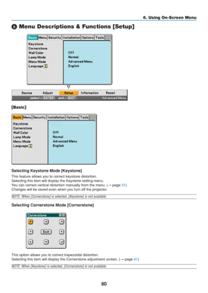 Page 90
80
6. Using On-Screen Menu
 Menu Descriptions & Functions [Setup]
[Basic]
Selecting Keystone Mode [Keystone]
This feature allows you to correct keystone distortion.
Selecting this item will display the Keystone setting menu.
You can correct vertical distortion manually from the menu. ( → page 
31)
Changes will be saved even when you turn off the projector.
NOTE: When [Cornerstone] is selected, [Keystone] is not available.
Selecting Cornerstone Mode [Cornerstone]
This option allows you to correct...