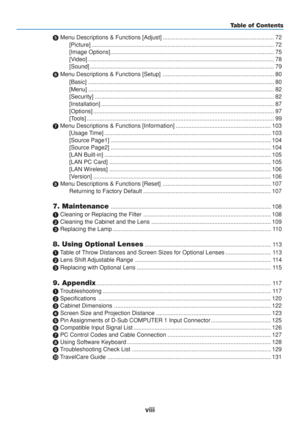 Page 10
viii
 Menu Descriptions & Functions [Adjust] ..................................................................... 72
[Picture] ........................................................................\
......................................... 72
[Image Options] ........................................................................\
............................. 75
[Video] ........................................................................\
........................................... 78
[Sound]...