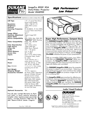 Page 2ImagePro 8900 ImagePro 8900ImagePro 8900 ImagePro 8900
ImagePro 8900® ®® ®
® XGA  XGA XGA  XGA
 XGA
Data/Video Projector Data/Video ProjectorData/Video Projector Data/Video Projector
Data/Video Projector
Model 28A8900 Model 28A8900Model 28A8900 Model 28A8900
Model 28A8900
Super High Performance, Compact Size
Form No. 11495- J-00
Specifications
      
 (Specifications are subject to change without notice) (Specifications are subject to change without notice)(Specifications are subject to change without...