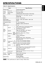 Page 33ENGLISH-23
ENGLISH
ENGLISH-23
SPECIFICATIONS SPECIFICATIONS
Table 12. Specifications
•
This specifications are subject to change without notice.NOTE
ItemSpecification
Product nameLiquid crystal projector
Liquid
crystal
panelPanel size3.3 cm (1.3 type)
Drive systemTFT active matrix
Pixels786,432 pixels (1024 horizontal x 768 vertical)
LensZoom lens F=1.7 ~ 2.3  f=49.0 ~ 64.0 mm
Lamp250 W UHB
Speaker1.2 W + 1.2W (Stereo)
Power supplyAC100 ~ 120V, 4.5A / AC220 ~ 240V, 2.2A
Power consumption400W
Temperature...