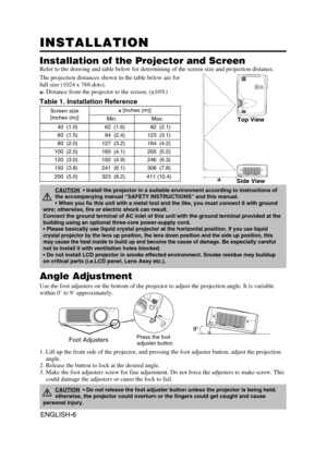 Page 16ENGLISH-6
INSTALLATION INSTALLATION
Installation of the Projector and Screen
Refer to the drawing and table below for determining of the screen size and projection distance.
Top View
Side View
Screen size
[inches (m)]a[inches (m)]
Min.Max.
40  (1.0)62  (1.6)82  (2.1)
60  (1.5)94  (2.4)123  (3.1)
80  (2.0)127  (3.2)164  (4.2)
100  (2.5)160  (4.1)205  (5.2)
120  (3.0)192  (4.9)246  (6.3)
150  (3.8)241  (6.1)308  (7.8)
200  (5.0)323  (8.2)411 (10.4)
Angle Adjustment
Use the foot adjusters on the bottom of...