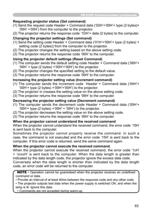 Page 65RS-232C Com\
Punication (continu\
Hd\f
Requesting pr\
Rjector status\
(Get command\
\f
(1yf6HQGWKHUHTXHVWFRGH+HDGHU&RPPDQGGDWD