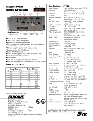 Page 2
Specifications    8912H
Image Element  0.63” polysilicon active-matrix TFT x3
Brightness 2600 ANSI lumens
 (2100 lumens in Whisper Mode)
Resolution 1024 x 768 pixels (H X V), XGA
Contrast 500:1
Scanning Frequency  fh 15 -106 kHz, fv 50-120 Hz
Lens Manual zoom (F2.3 – 2.5), 1.2X
Lens Throw Ratio  1.46 –1.75:1 throw distance to    
  image width
Keystone Correction  Digital, vertical +/-30 deg
Aspect Ratio 4:3, 16:9 selectable 
Computer  SVGA, VGA, XGA, SXGA, UXGA
Compatibility  MAC13” and MAC16”
Video...