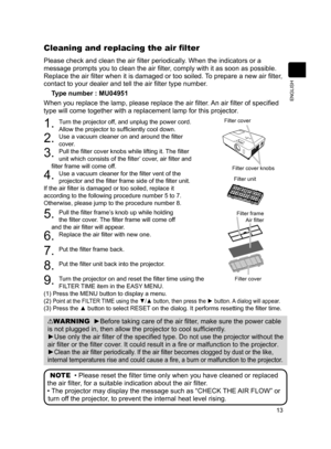 Page 15
3
ENGLISH

Please check and clean the air filter periodically. When the indicators or a 
message prompts you to clean the air filter, comply with it as soon as possible. 
Replace the air filter when it is damaged or too soiled. To prepare a new air filter, 
contact to your dealer and tell the air filter type number.
Type number : MU04951
When you replace the lamp, please replace the air filter. An air filter of specified 
type will come together with a replacement lamp for this projector .
....